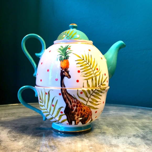 Anthropologie • Teapot & Cup Steamer Set • Porcelain • Hand painted • 🦒🌴🍍 - Picture 1 of 6